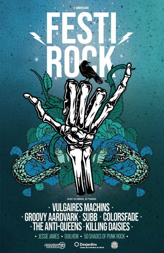 Visuel spécial 5e anniversaire : Affiche avec main de squelette - FestiRock