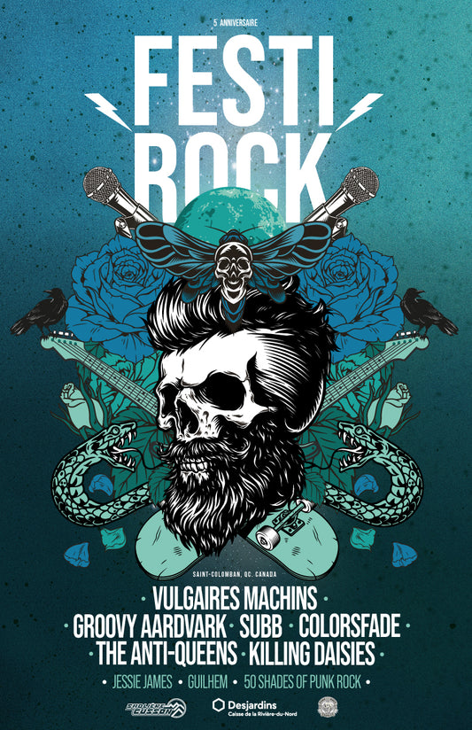 Visuel spécial 5e anniversaire : Affiche avec tête de mort - FestiRock